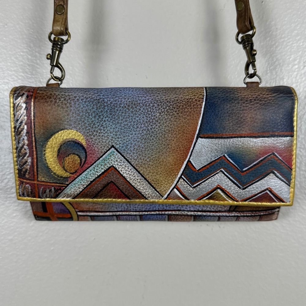Anuschka Crossbody Wallet Multicolor Hand Painted Leather Abstract Boho